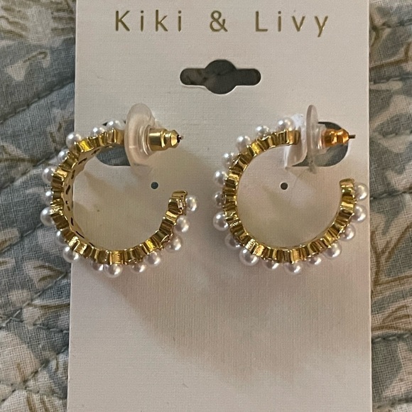Gold and White Hoop Earrings - Picture 1 of 4